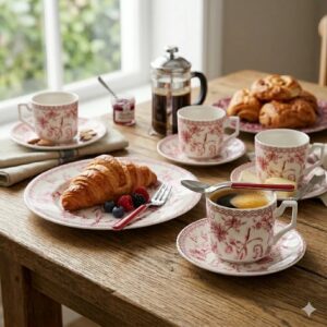 Jogo de Chá Hortênsia 8 peças porcelana 220 ml cor Marsala.